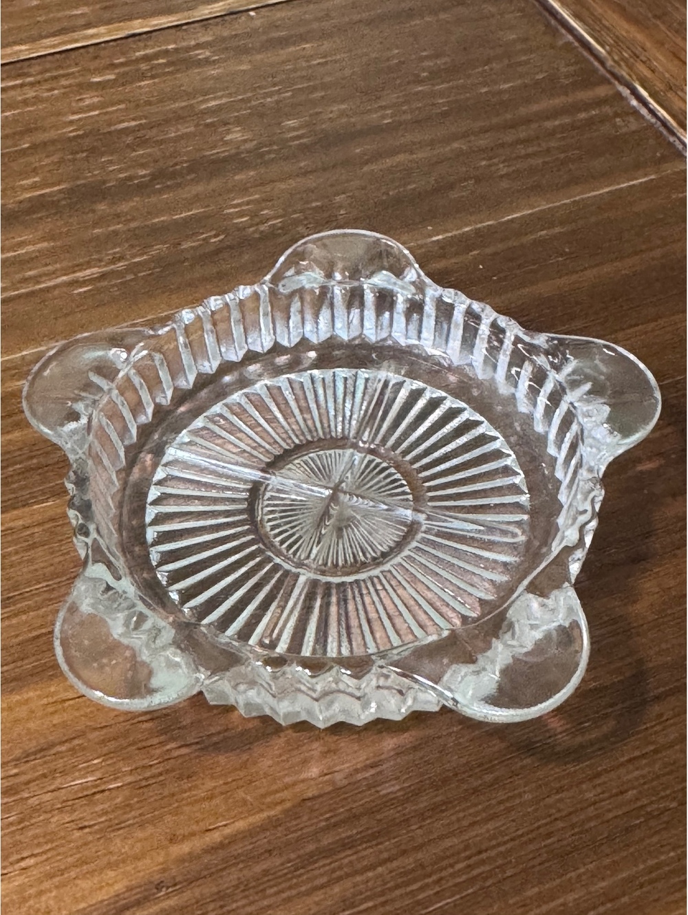 Vintage Clear Pressed Glass Ashtray Small Sunburst 4 Cigarette Rest Dish